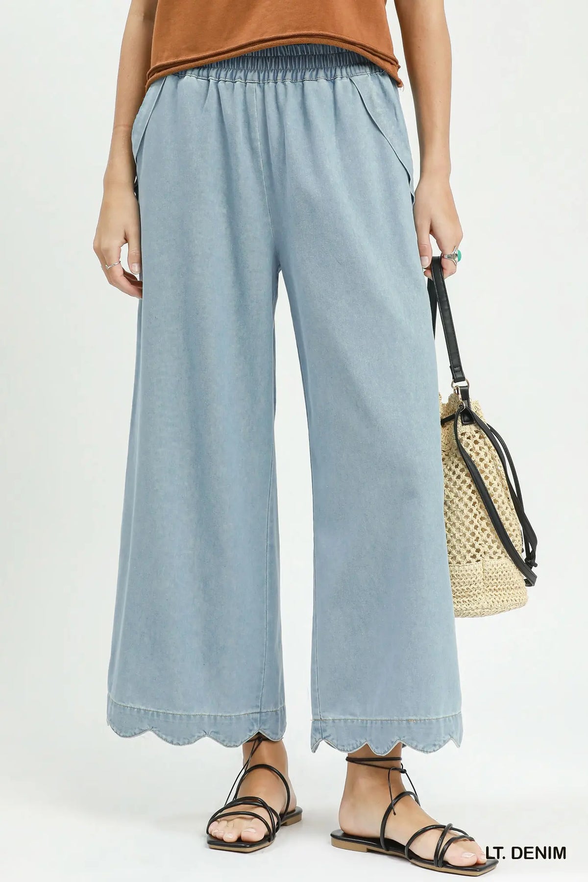 Chambray Scalloped Hem Pants