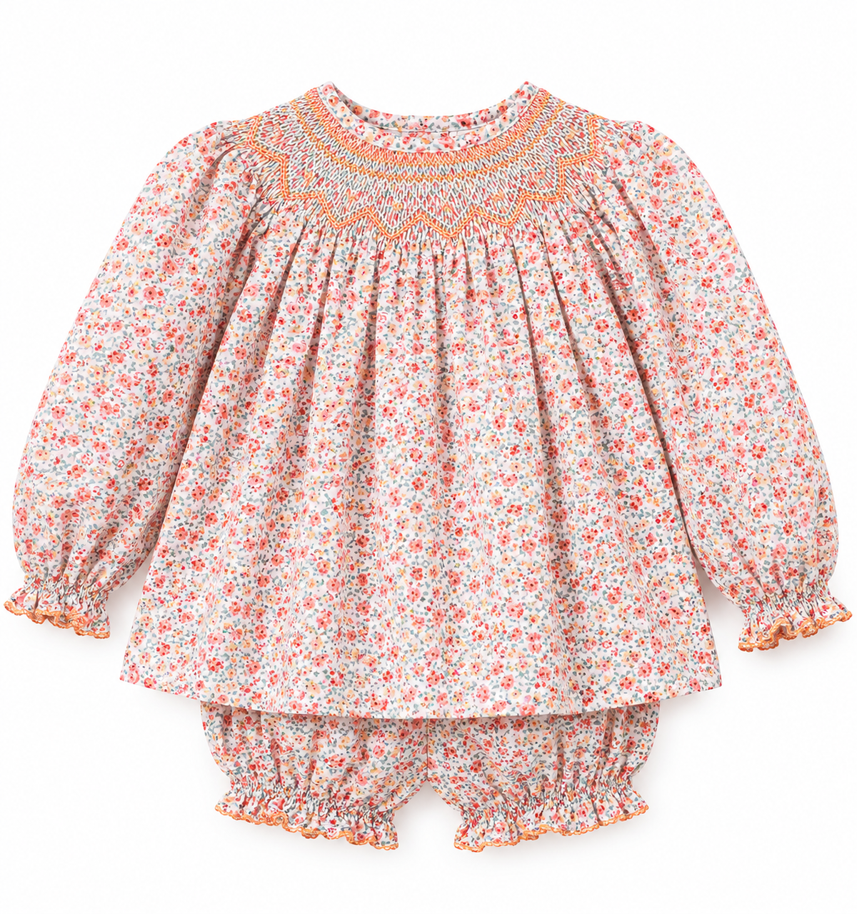 Petit Bebe Alice Lt Blue & Orange Print Bishop Bloomer Set