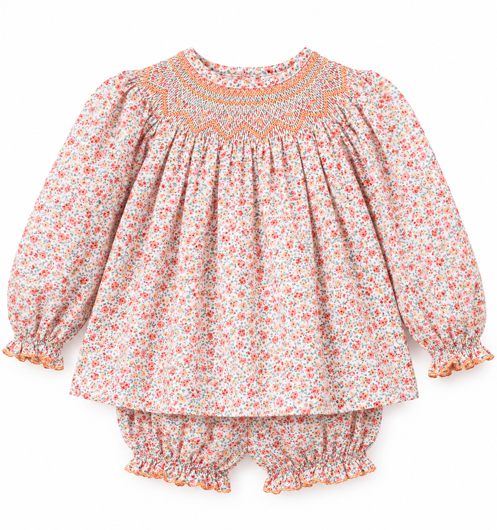Petit Bebe Alice Lt Blue & Orange Print Bishop Bloomer Set