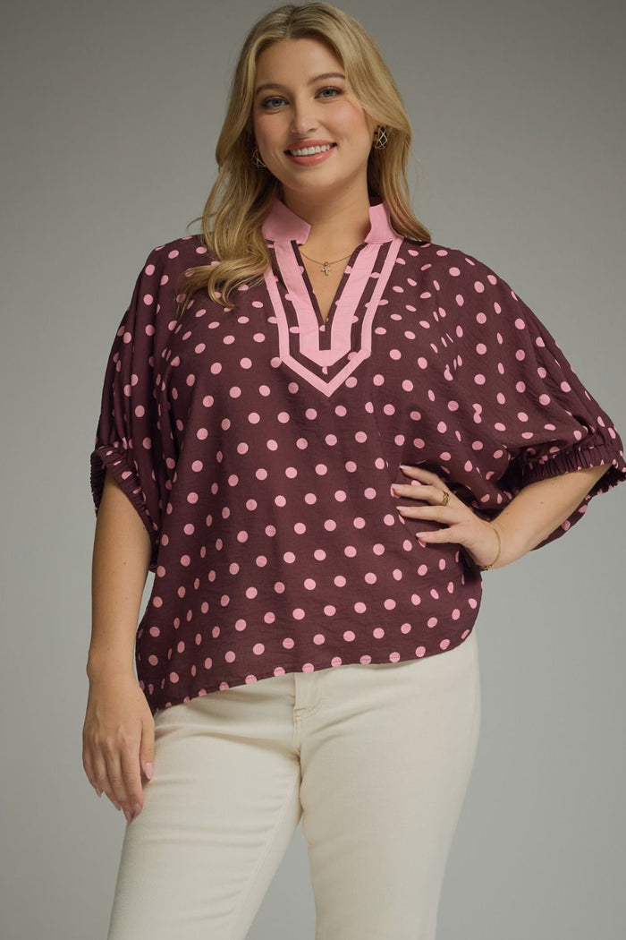 Polka dot short dolman sleeve top