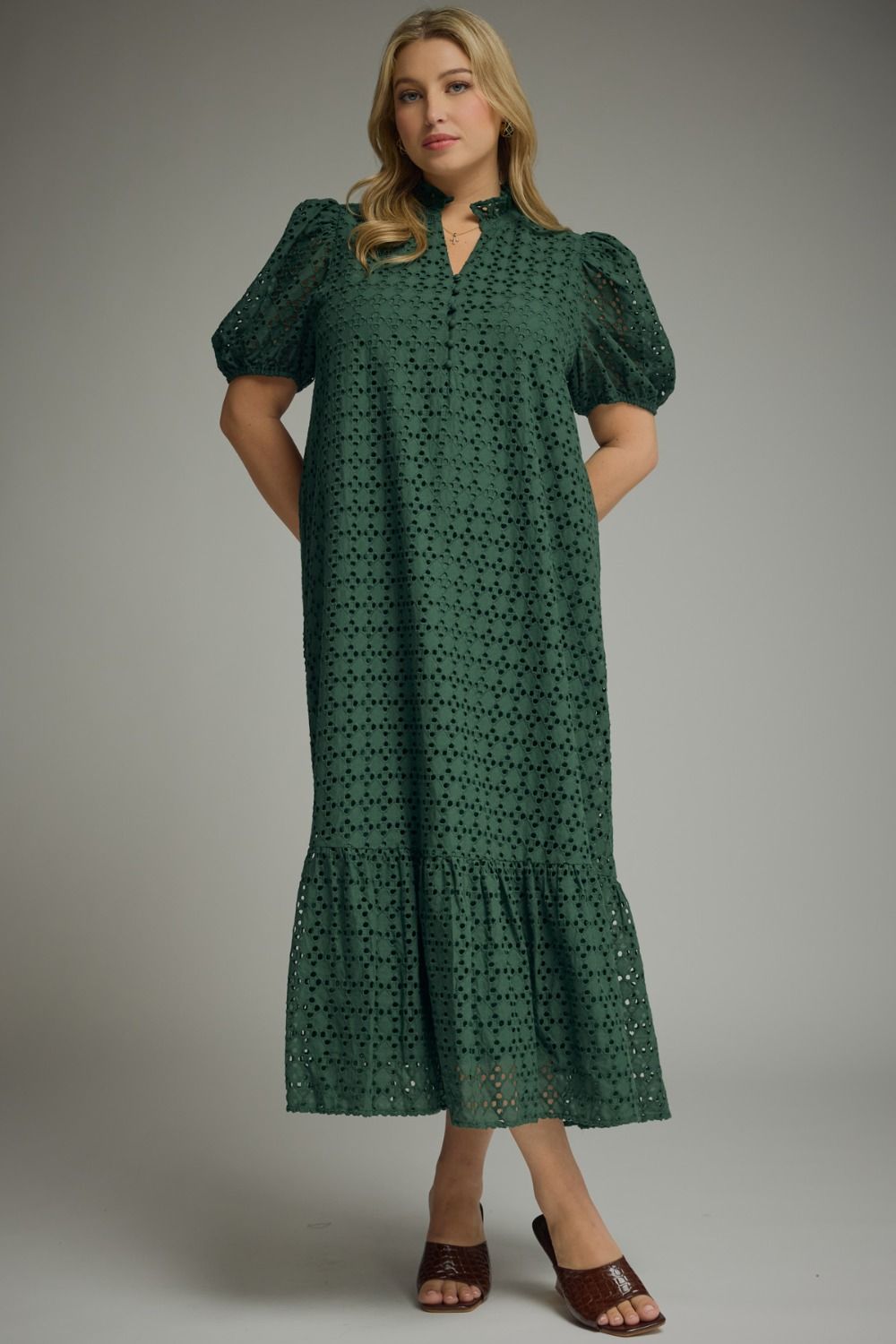 Eyelet short puff sleeve midi dress