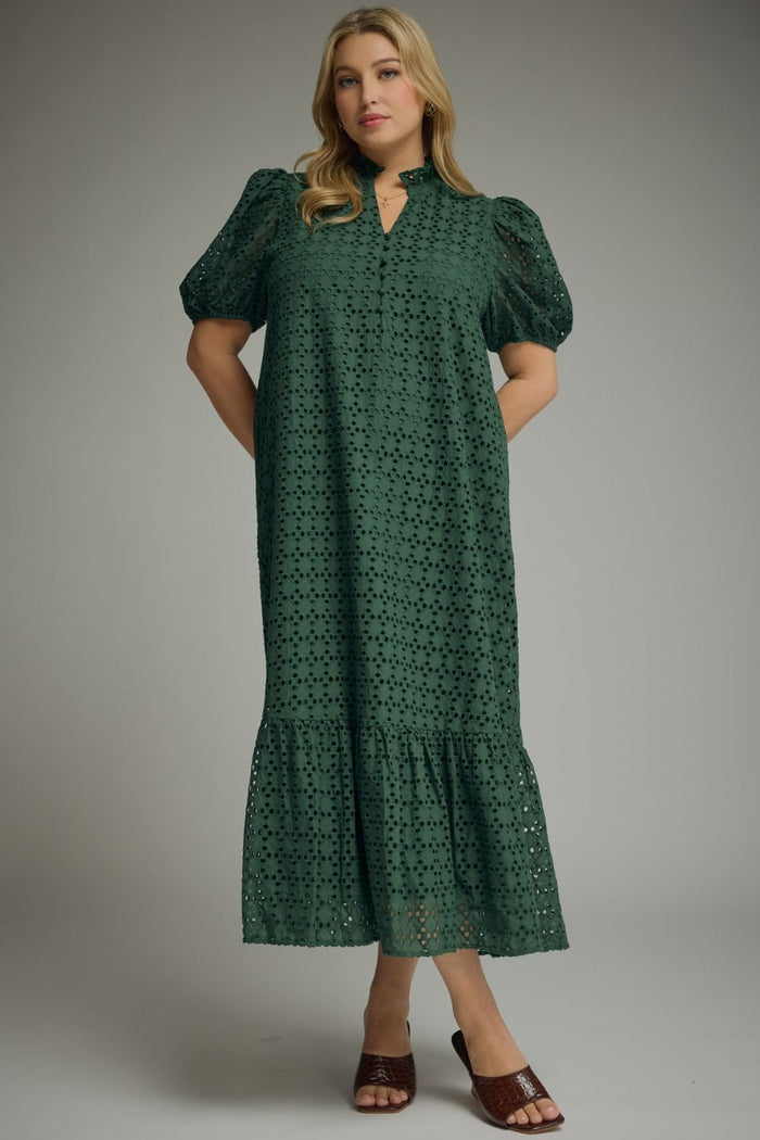 Eyelet short puff sleeve midi dress