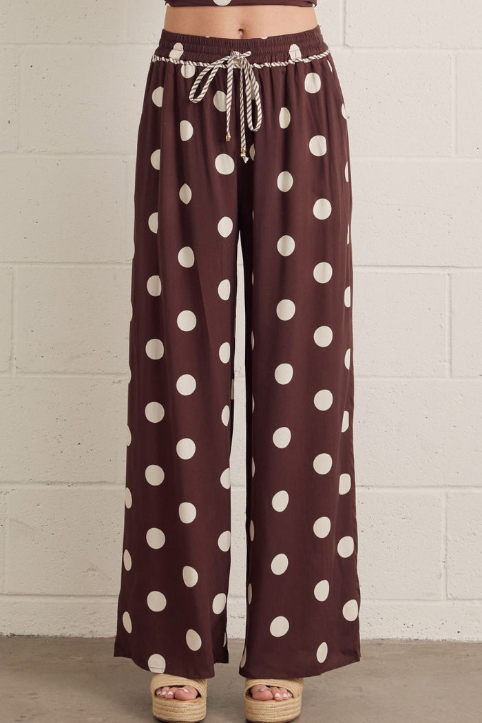 Polka dot wide leg pants featuring elasticated drawstring waistband