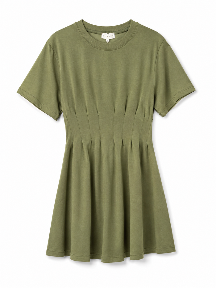 Solid round neck short sleeve mini dress featuring pintuck waist detail