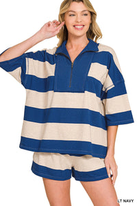 FRENCH TERRY STRIPED HALF ZIP HIGH NECK TOP & SHORTS SET