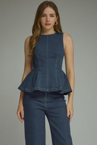 Solid sleeveless top featuring peplum hem