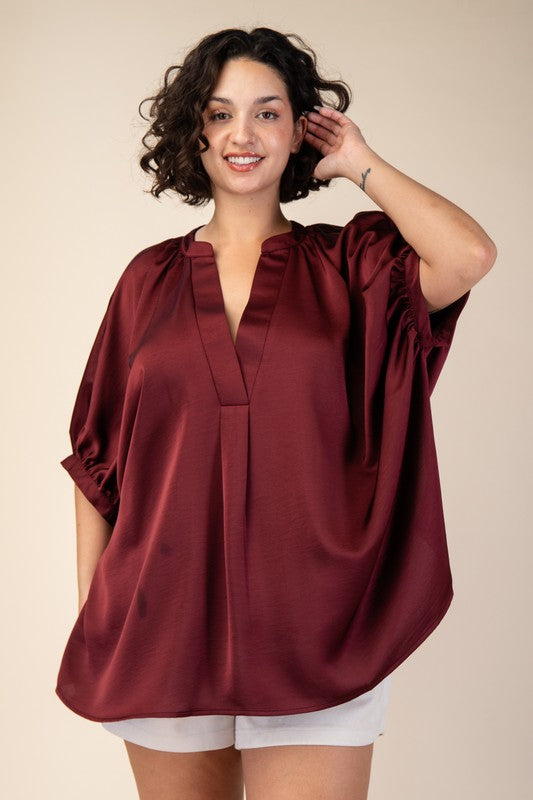 V-Neck Placket Oversized Satin Top