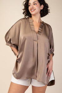 V-Neck Placket Oversized Satin Top