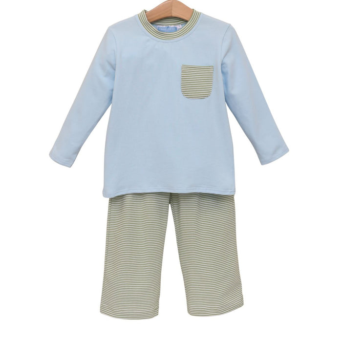 Trotter Street Preston Pant Set- Green Stripe/Light Blue