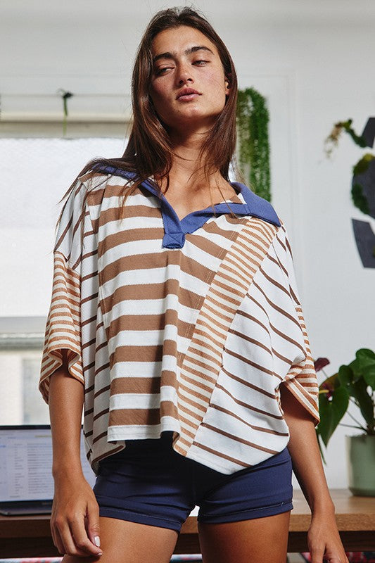 Stripe Contrast Patchwork Detail Polo Top