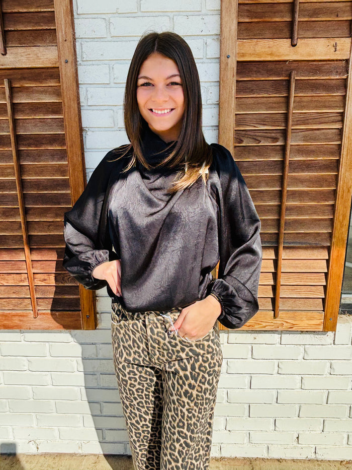 Long Sleeve Satin Cowl Neck Top