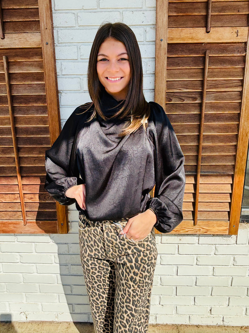 Long Sleeve Satin Cowl Neck Top