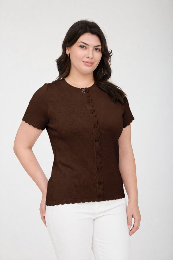 Plus Scalloped Short Sleeve Button Down Cardigan