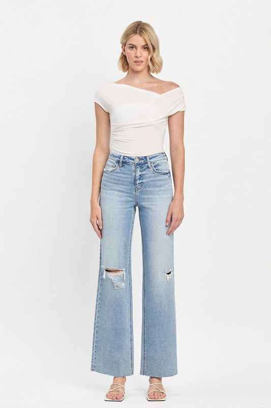 VERVET HIGH RISE CLEAN CUT RAW HEM WIDE LEG JEANS