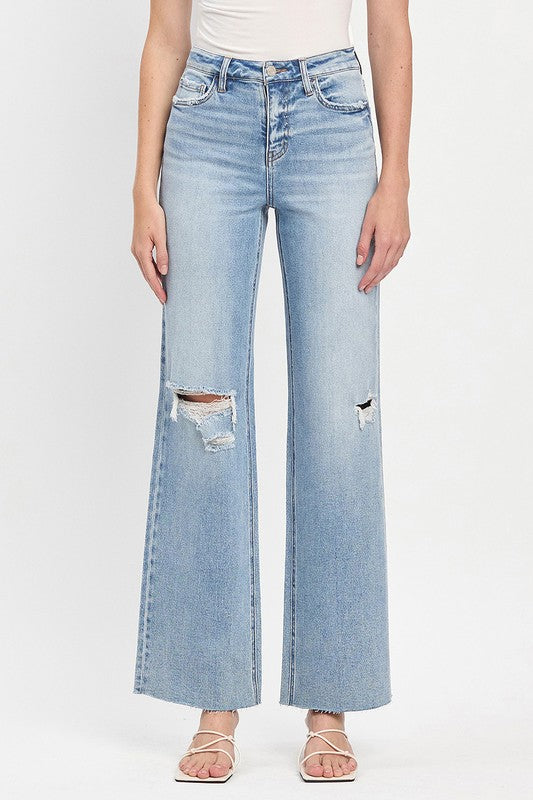 VERVET HIGH RISE CLEAN CUT RAW HEM WIDE LEG JEANS