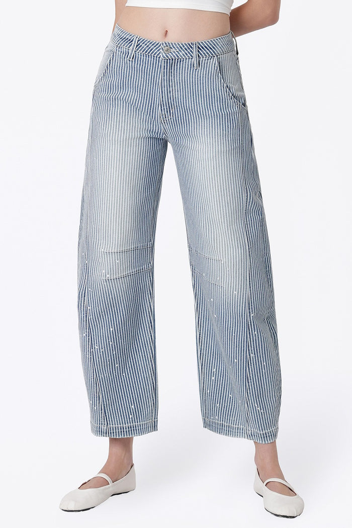 Vervet High Rise Striped Barrel Leg Jeans With Paint Splash