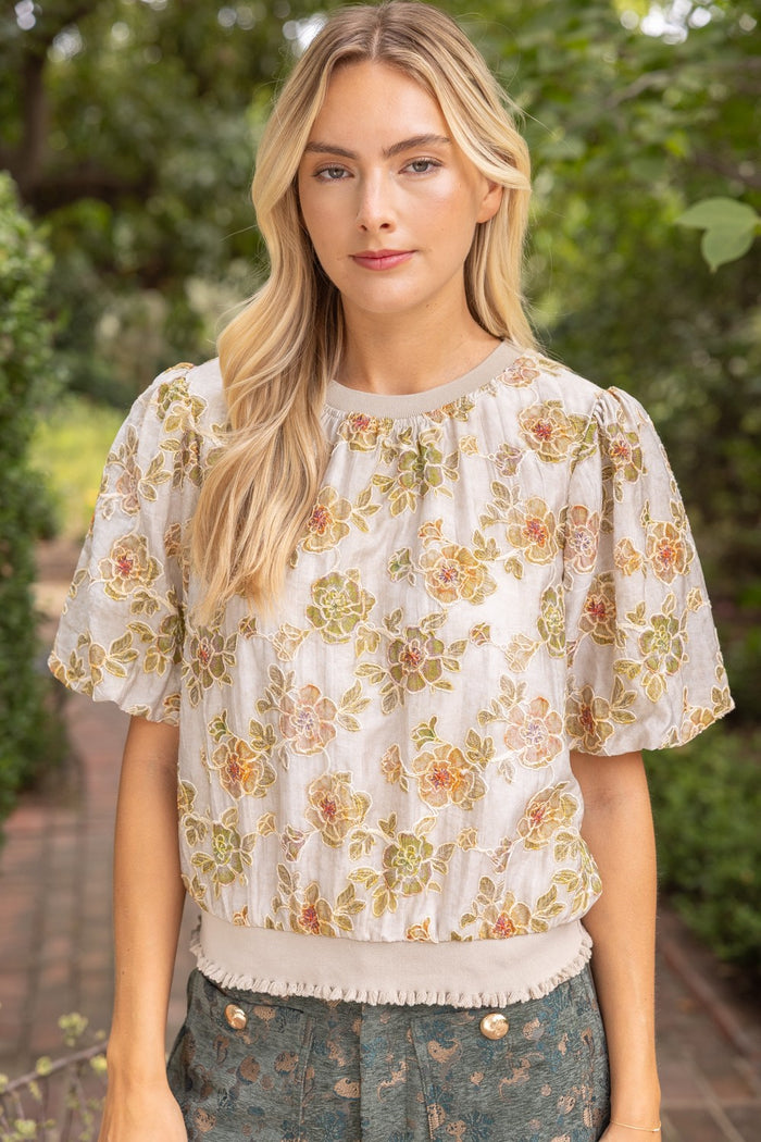 Ribbed Knit Band Floral Embroidered Top