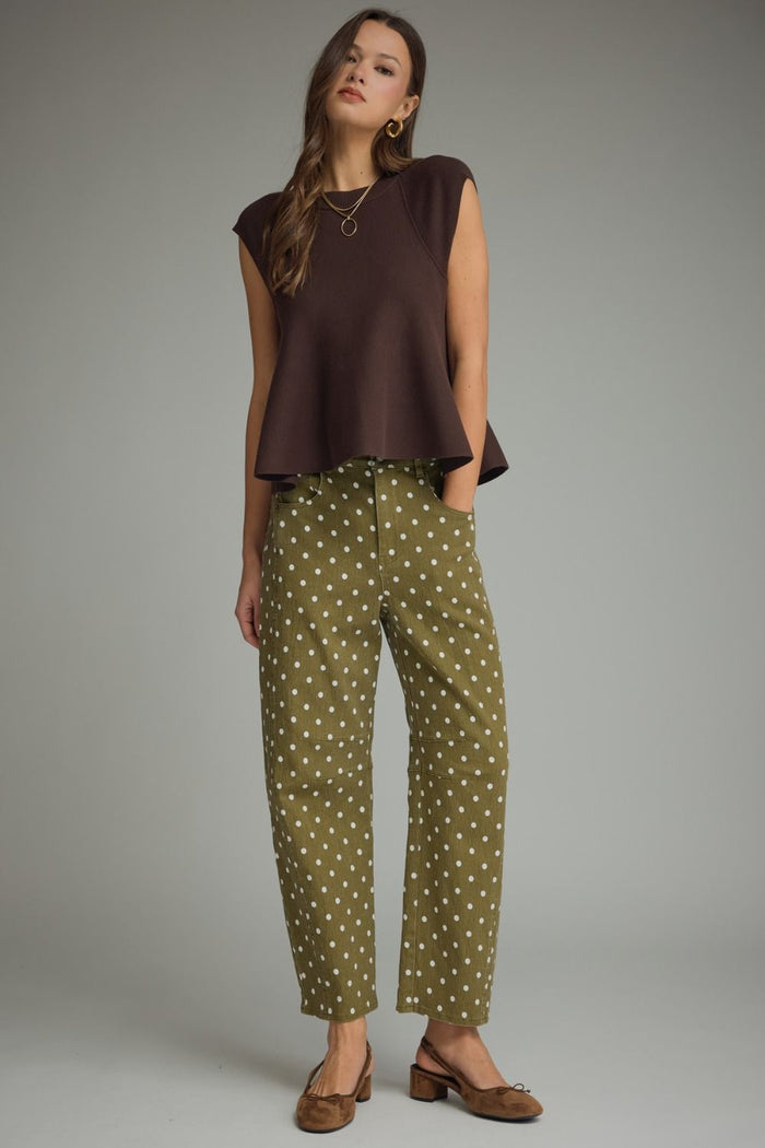 Polka dot pants featuring front and back pockets