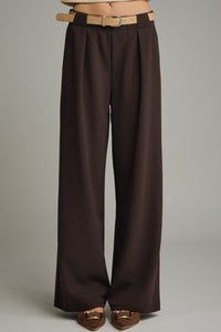 Solid belted wide leg pants featuring pleated front detail