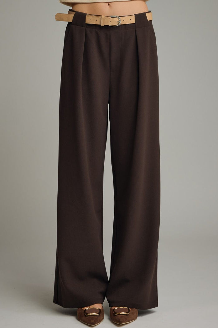 Solid belted wide leg pants featuring pleated front detail