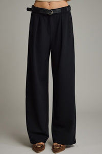 Solid belted wide leg pants featuring pleated front detail