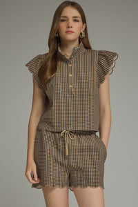 Gingham ruffle sleeve top featuring scalloped trim Short Set