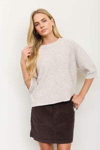 Heathered Contrast Trim Short Sleeve Knit Sweater