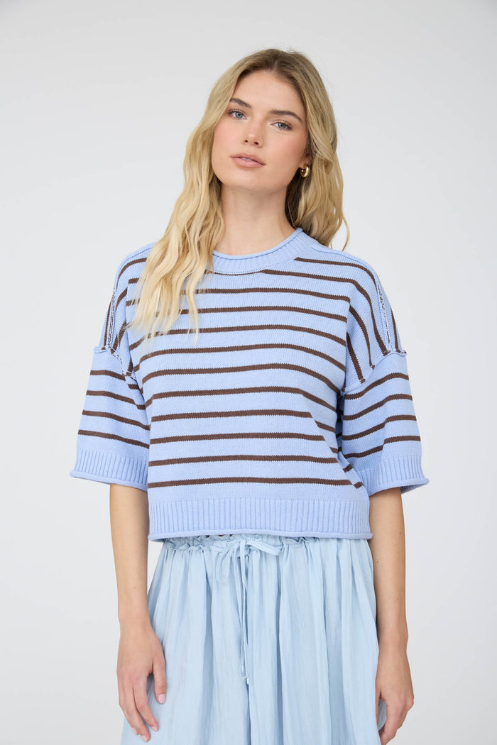 Stripe Raw Edge Drop Shoulder Short Sleeve Sweater