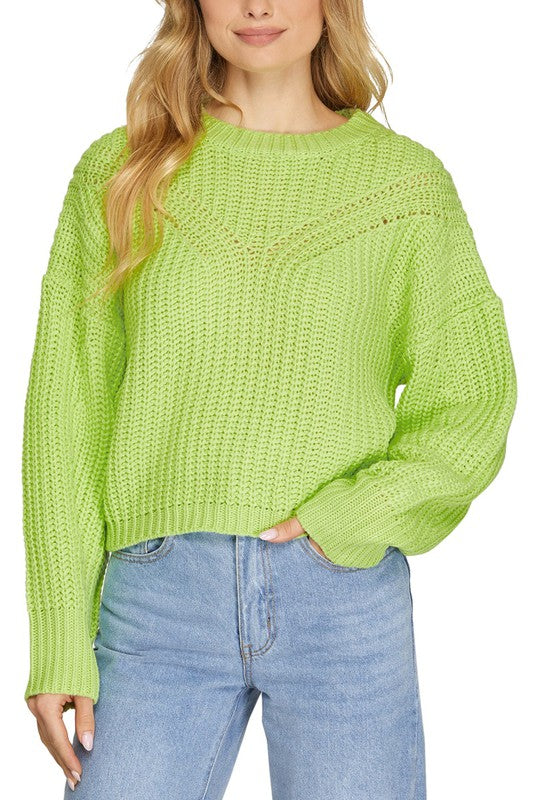 PUFF SLEEVE CREWNECK PULLOVER SWEATER