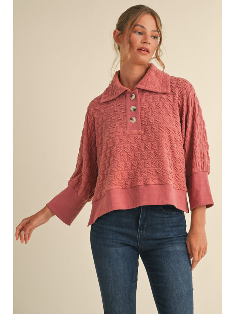 Textured pullover top with buttoned henley collared neck