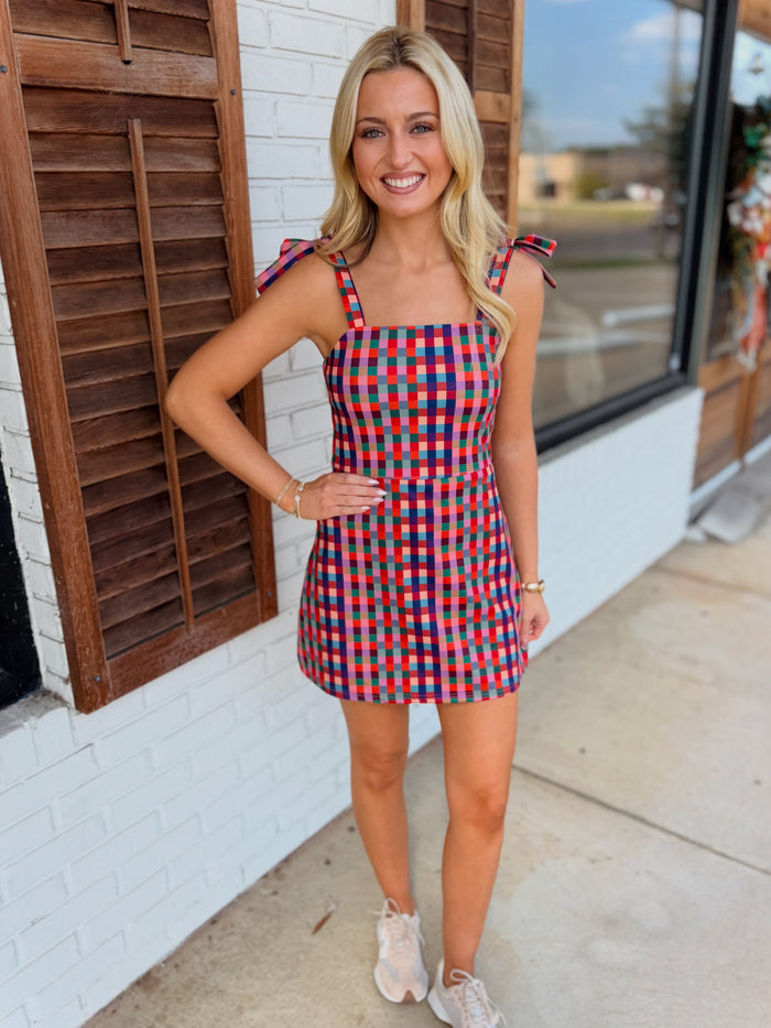 Multi Check Strap Detail Mini Dress