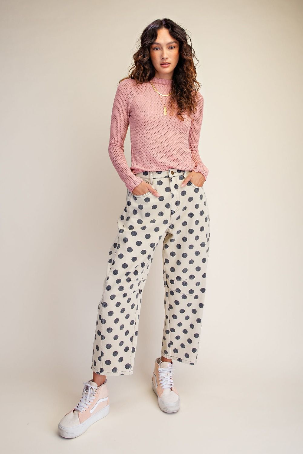 DOTS PRINT WASHED TWILL BARREL PANTS