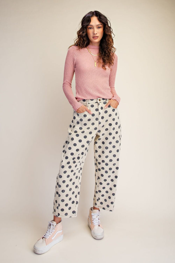 DOTS PRINT WASHED TWILL BARREL PANTS