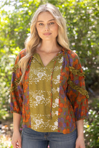 3/4 Sleeve Ruffled Detail Color Block Printed Top