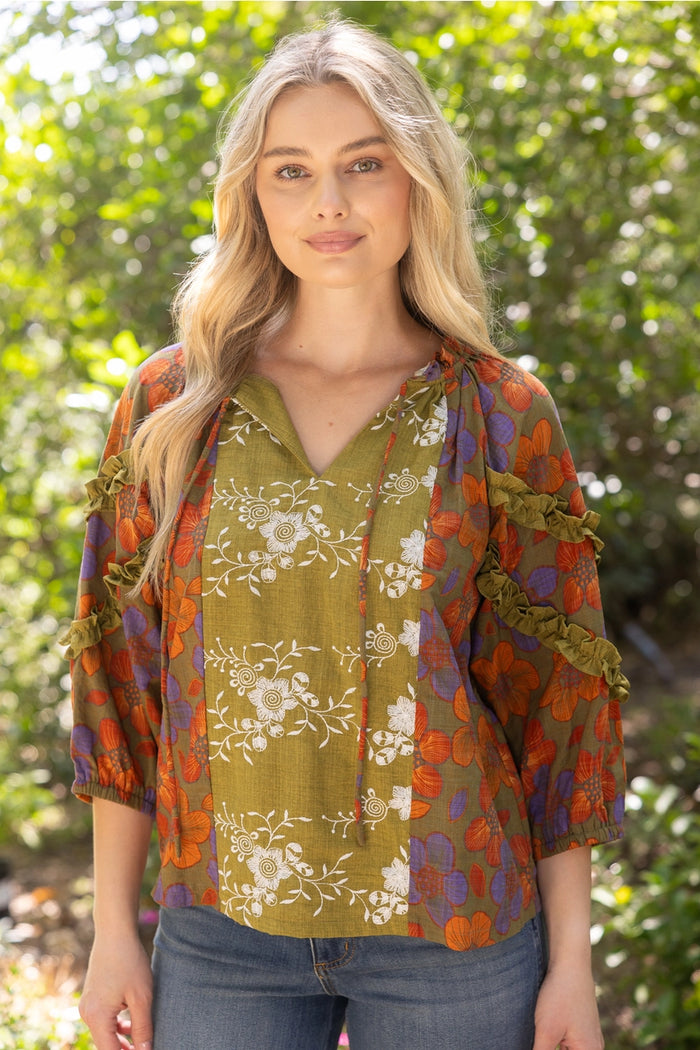 3/4 Sleeve Ruffled Detail Color Block Printed Top