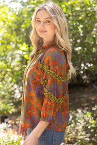 3/4 Sleeve Ruffled Detail Color Block Printed Top