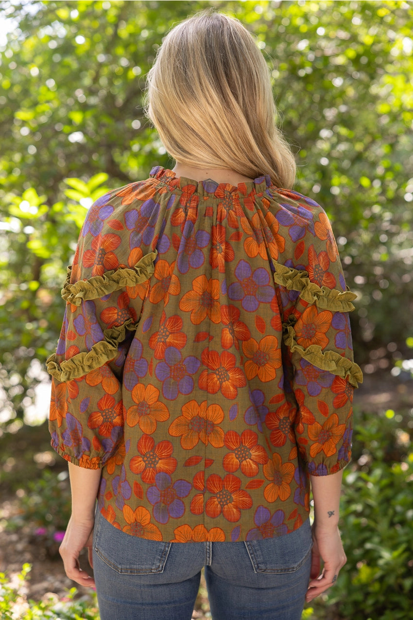 3/4 Sleeve Ruffled Detail Color Block Printed Top