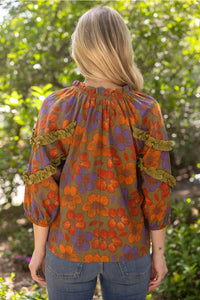 3/4 Sleeve Ruffled Detail Color Block Printed Top
