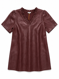 Ruffled V-Neck Solid Faux Leather Shift Dress