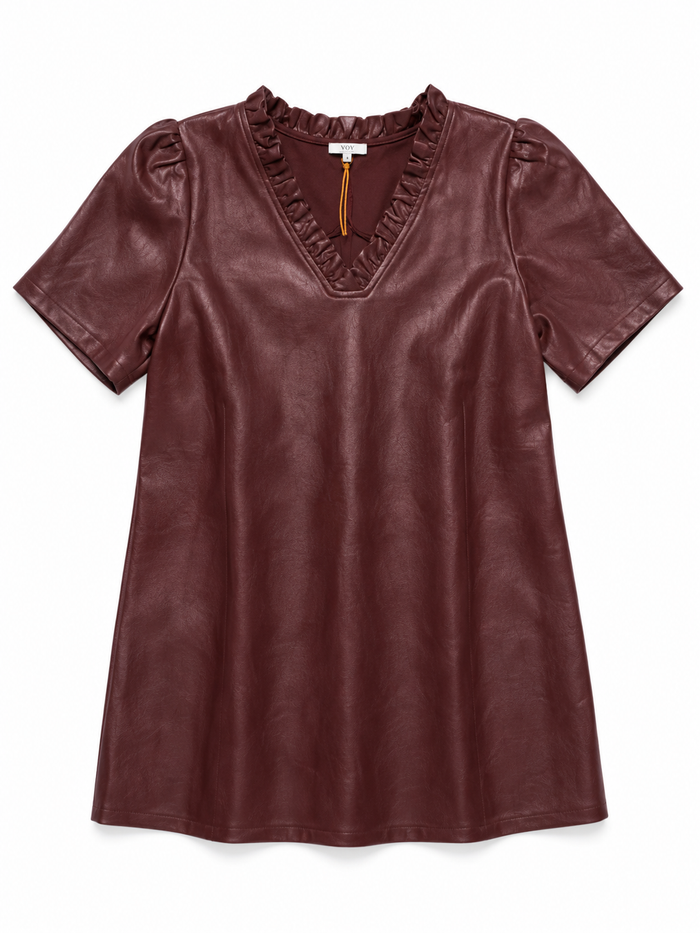Ruffled V-Neck Solid Faux Leather Shift Dress