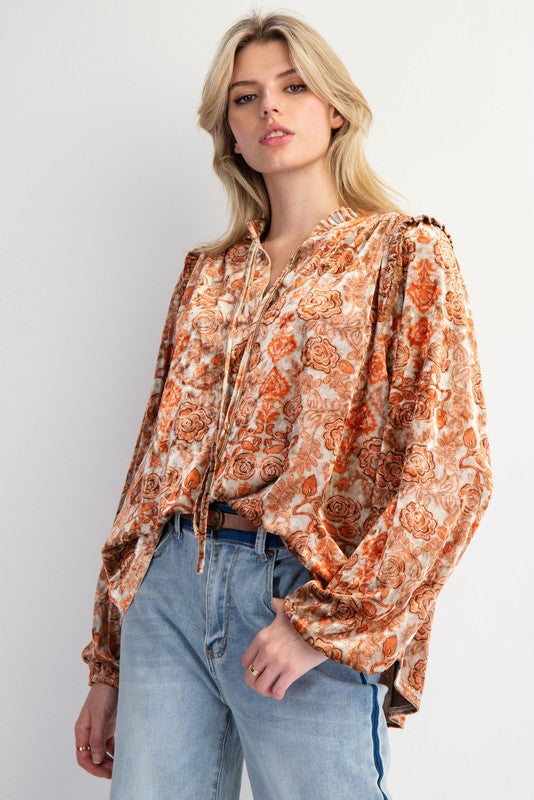 FLORAL PRINTED VELVET TOP