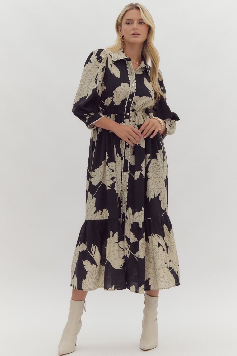 Floral print collared button up midi dress