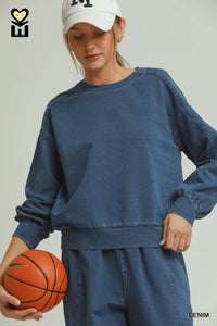 Denim Knit Washed Long Sleeve Crewneck Pullover
