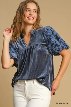 Velvet Embroidered Sleeve Top