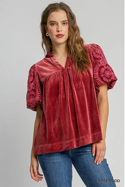 Velvet Embroidered Sleeve Top