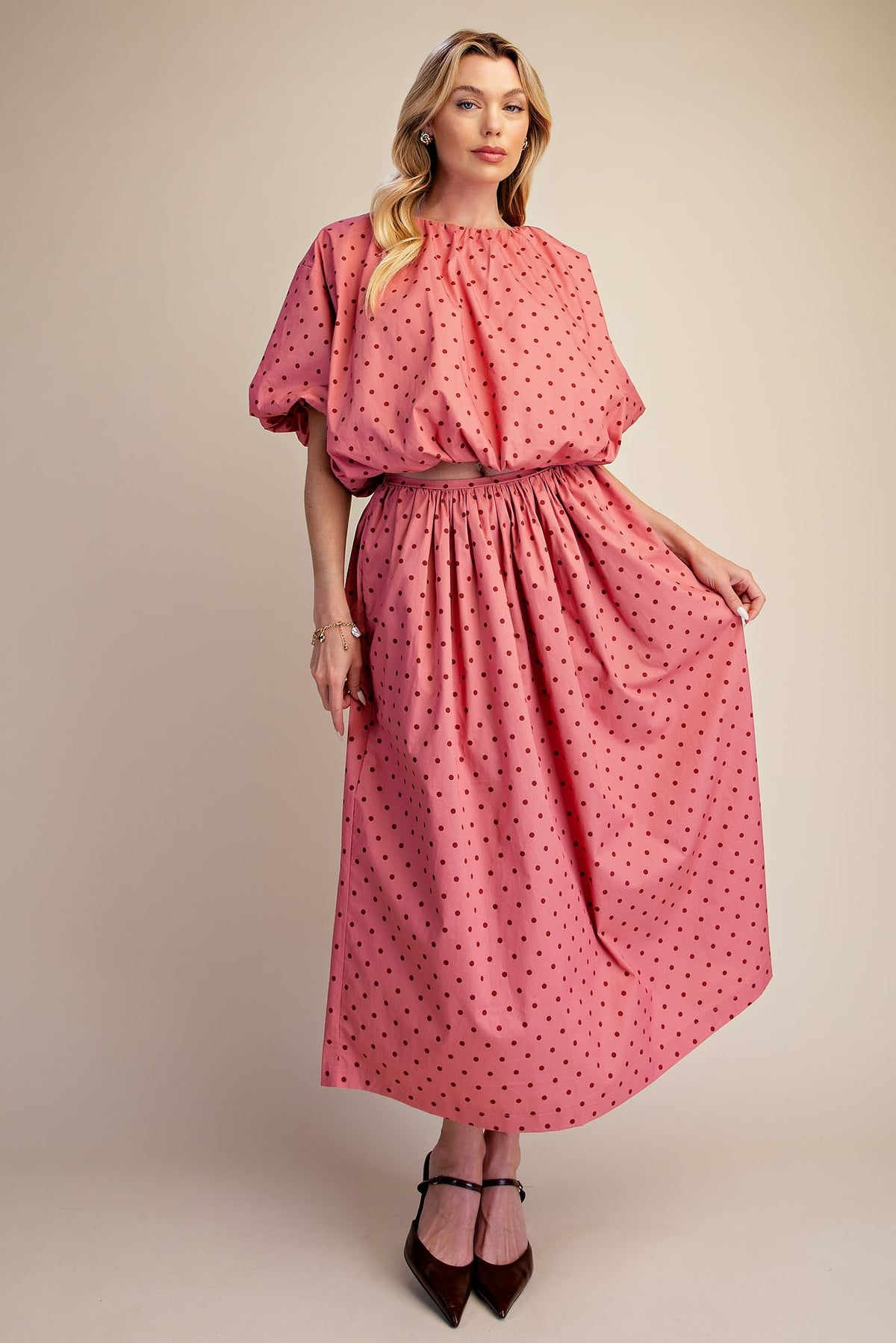 Polka Dot Bubble Crop Top Skirt Set