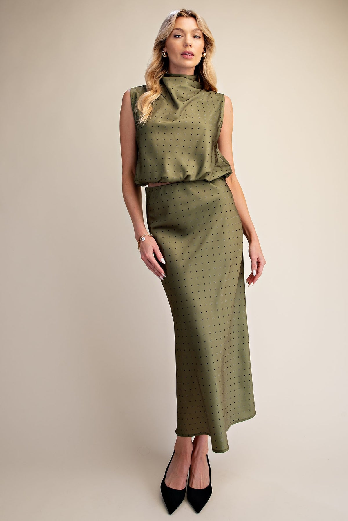 Mock Neck Sleeveless Polka Dot Skirt Set