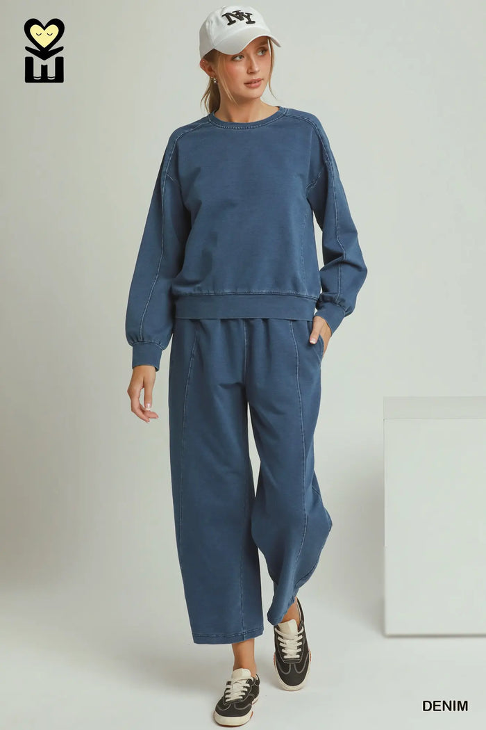 Denim Knit Washed Barrel Leg Pants Set