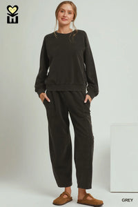 Denim Knit Washed Barrel Leg Pants Set