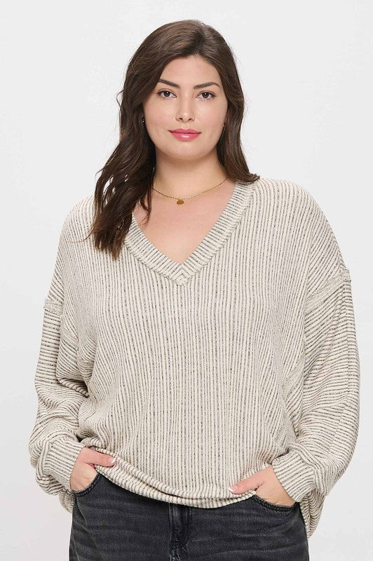 PLUS STRIPED DROP SHOULDER V NECK KNIT TOP